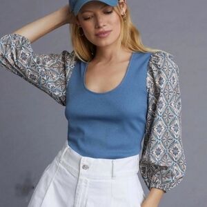 Anthropologie New Dolan Black Ribbed Puff Sleeve Ribbed Top Womens Size Medium